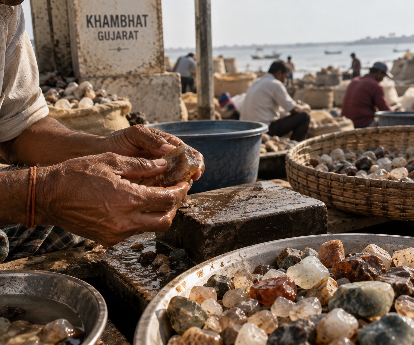 Weathered hands turning a piece of rough agate beside bowls of sorted stone on the Khambhat shore