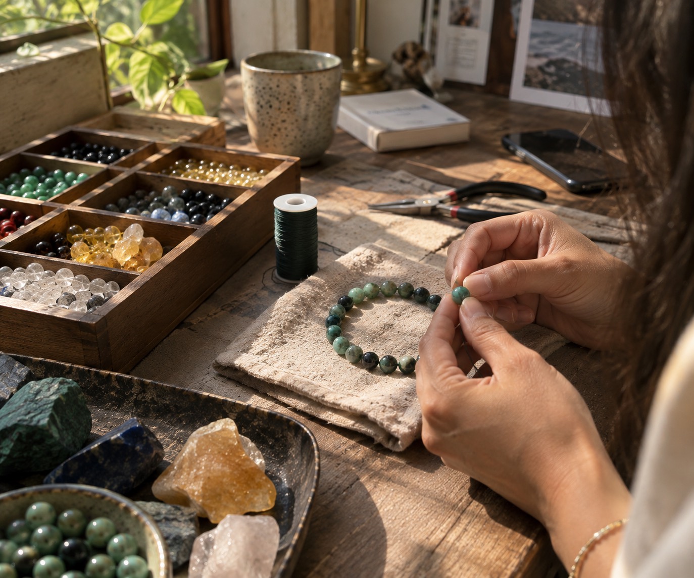 Hands threading a green stone bead onto a bracelet at a sunlit workbench, beside trays of sorted beads