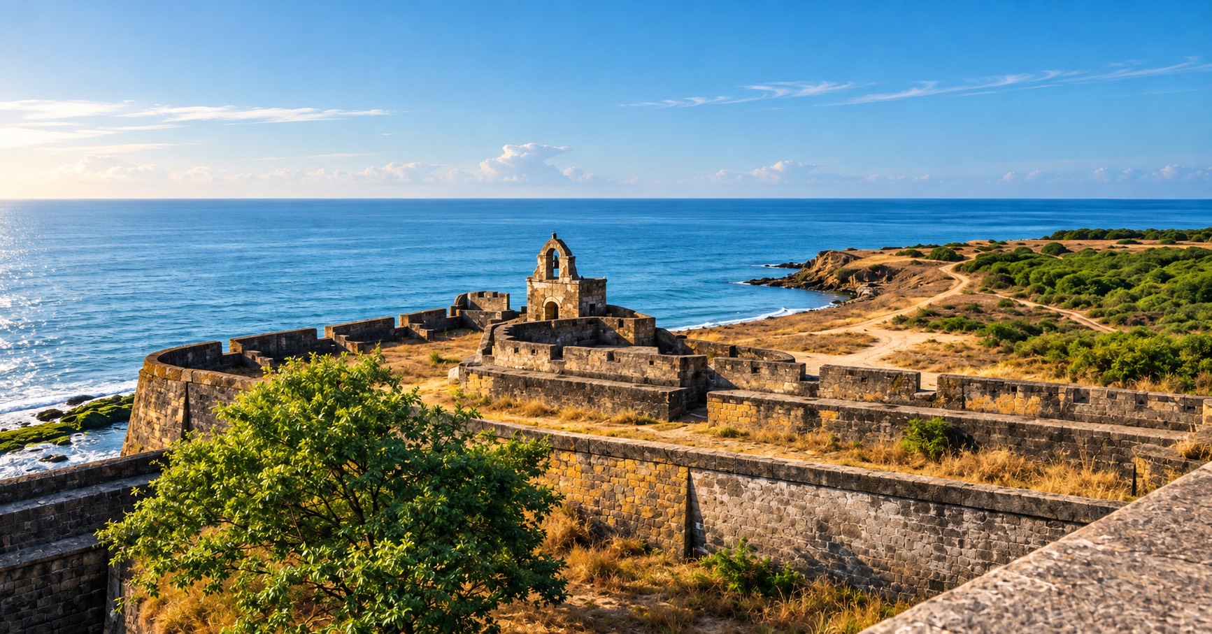 Weathered stone ramparts and a small bell tower on a headland above the sea